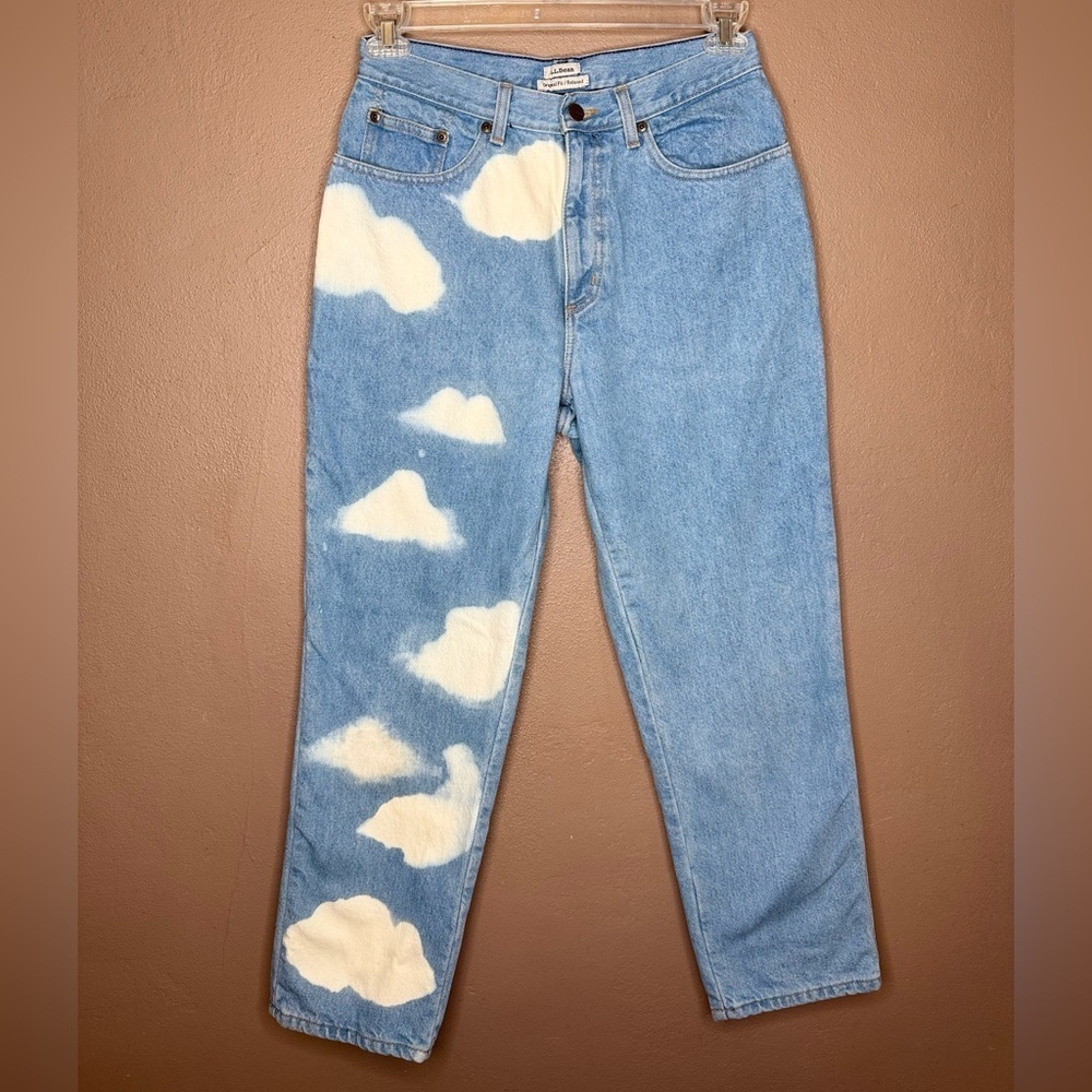 L.L. Bean Original Fit Blue Flannel Lined Jeans w/ White Cloud Design Size 10P